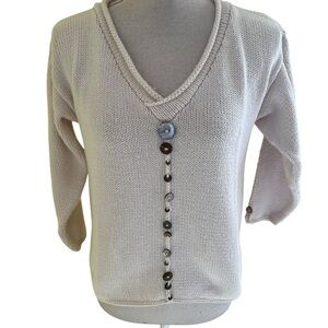 Pure & Co Vintage Cream Cotton V-Neck Pull Over Sweater with Button Detail XS